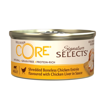 WELLNESS CORE ΚΟΝΣΕΡΒΑ ΓΑΤΑΣ SHREDDED CHICKEN & CHICKEN LIVER SAUCE 79g