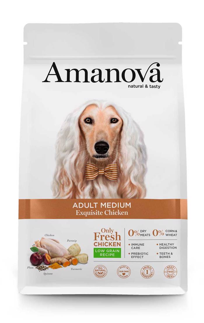 Amanova Adult Medium Exquisite Chicken Low Grain Xira Trofi me Lig Sitira ga Enilikous Skulous Mesaion Fulon me Kotopoulo 2kg