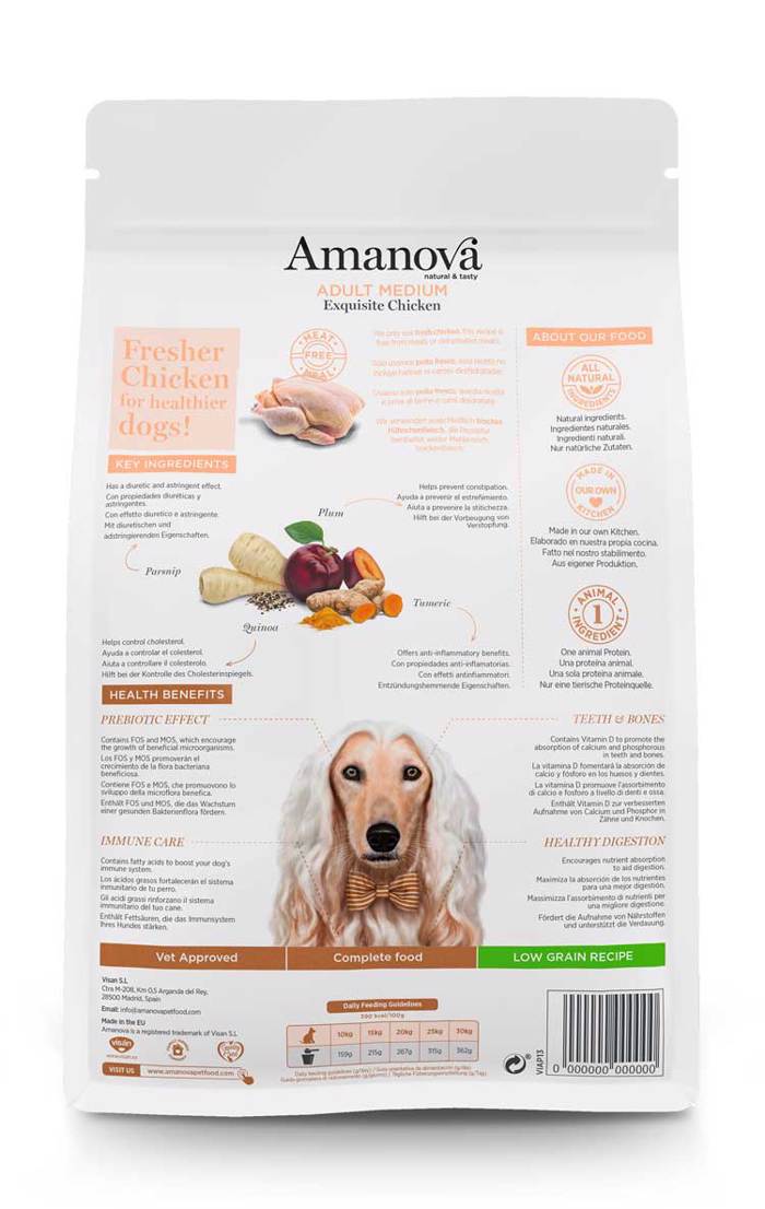 Amanova Adult Medium Exquisite Chicken Low Grain Xira Trofi me Lig Sitira ga Enilikous Skulous Mesaion Fulon me Kotopoulo 2kg