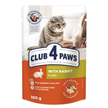 CLUB4PAWS Υγρή Τροφή Γάτας Adult με Κουνέλι σε ζελέ 100gr