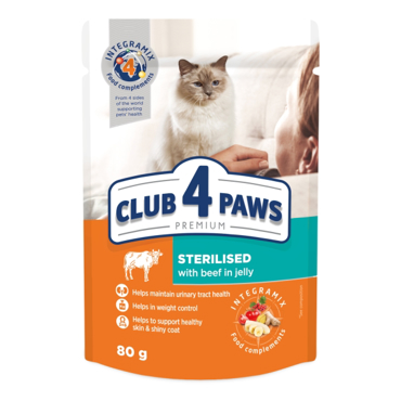 CLUB4PAWS Υγρή Τροφή Γάτας Sterilised με Βοδινό σε ζελέ 80gr 