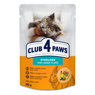 CLUB4PAWS Υγρή Τροφή Γάτας Sterilised με Κουνέλι σε ζελέ 80gr