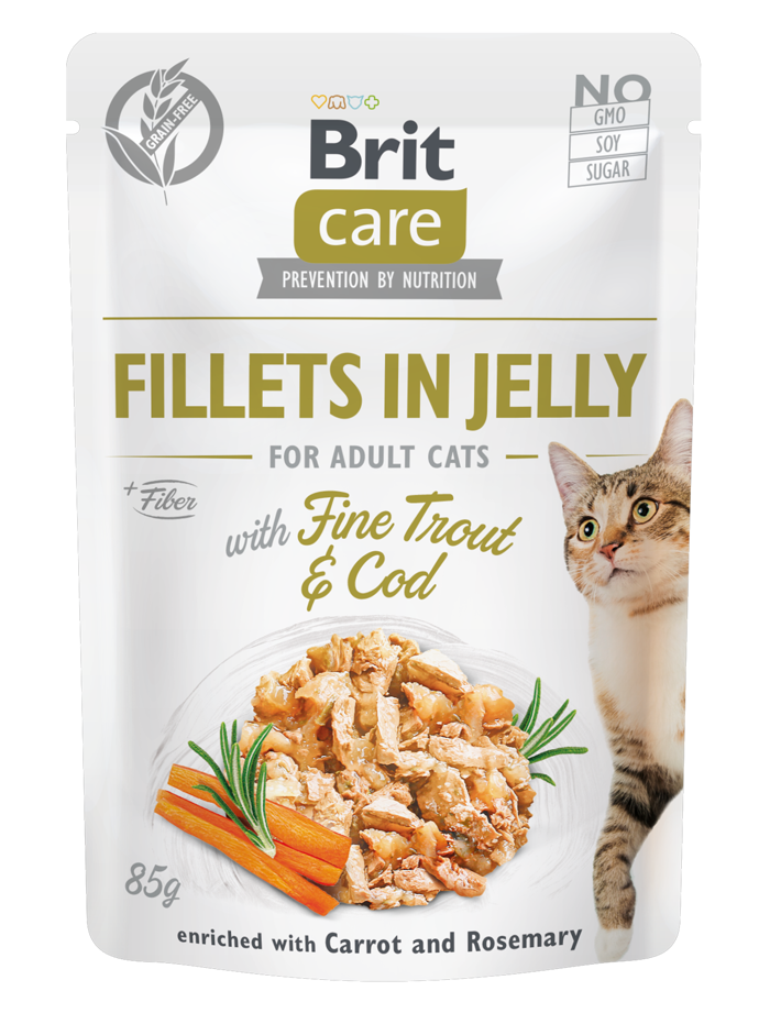 Brit Care® Cat Pouches Fillets In Jelly Fine Trout & Cod with Carrot & Rosemary 85gr