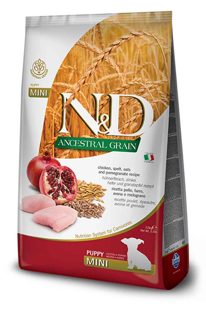 Farmina Ancestral Grain Puppy Mini Xira Trofi me Lig Sitira ga Koutabia Mikrosomon Fulon me Kotopoulo kai Rodi 2,5Kg