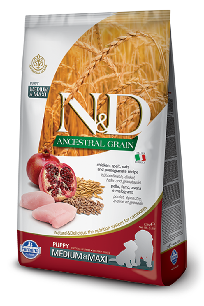 Farmina Ancestral Grain Puppy Med & Maxi  Xira Trofi me Lig Sitira ga Koutabia Mesaion & Meglosomon Fulon me Kotopoulo kai Rodi 2.5kg
