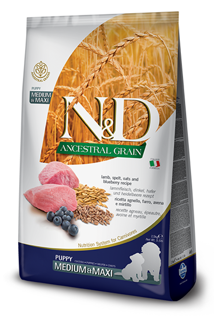 Farmina N&D Ancestral Grain Puppy Medium & Maxi Xira Trofi me Lig Sitira ga Koutabia Mesaion & Meglosomon Fulon me Arni 2,5kg 