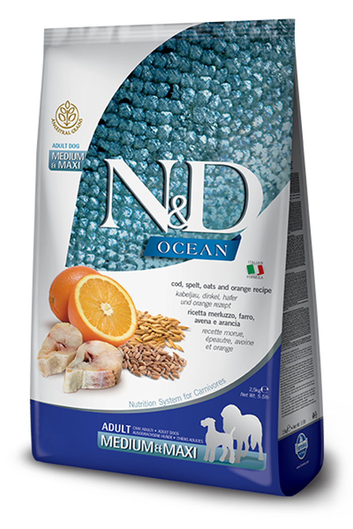 N&D OCEAN FISH&ORANGE ADULT MED/MAX 2.5KG XIRA TROFI SKuLOu