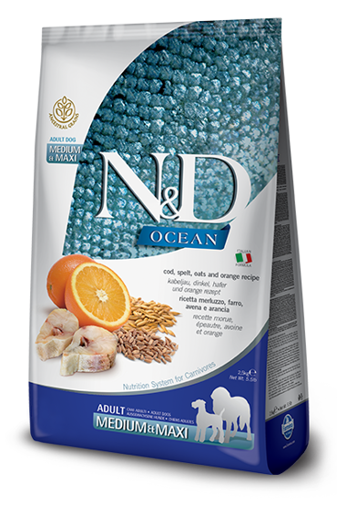 N&D OCEAN FISH&ORANGE ADULT MED/MAX 12KG ΞΗΡΑ ΤΡΟΦΗ ΣΚΥΛΟΥ