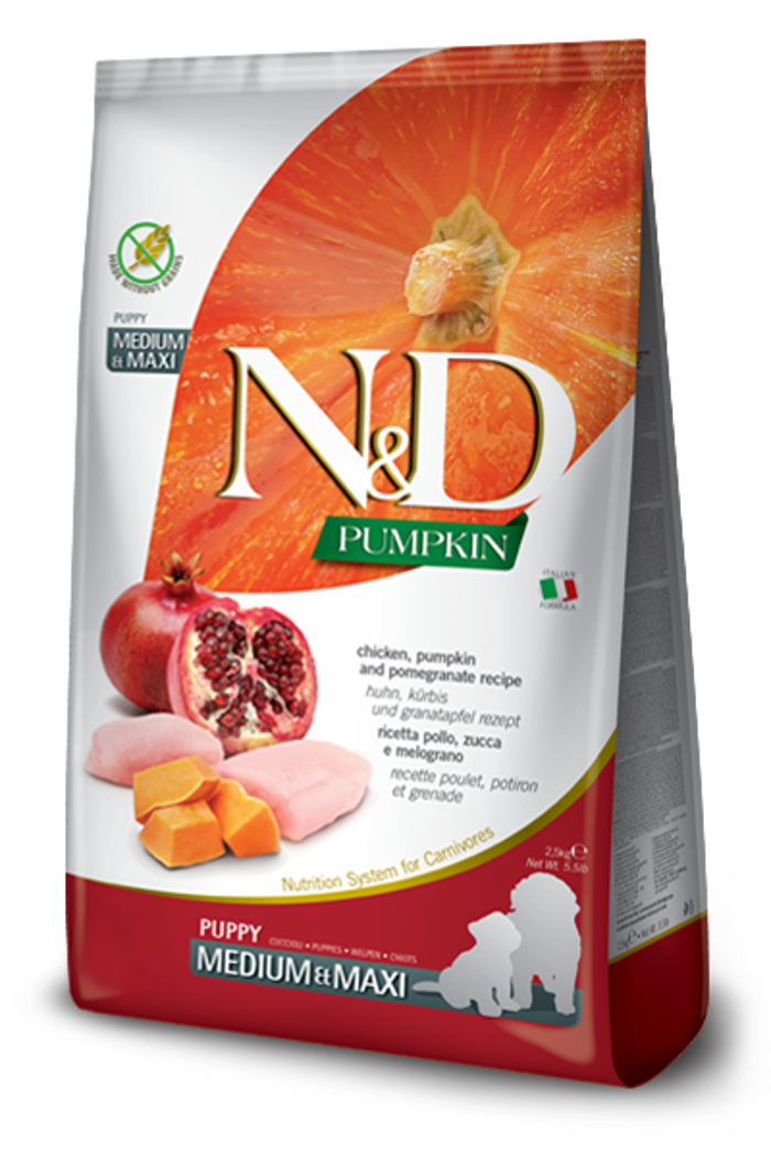 N&D Pumpkin Chicken Puppy MED/MAX  Xira Trofi ga Koutabia me Kotopoulo kai Kolokutha 12kg