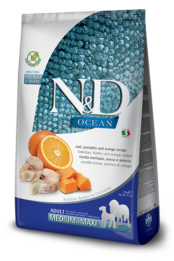 N&D OCEAN PUMPKIN FISH&ORANGE ADULT MED/MAX 12KG XIRA TROFI SKuLOu
