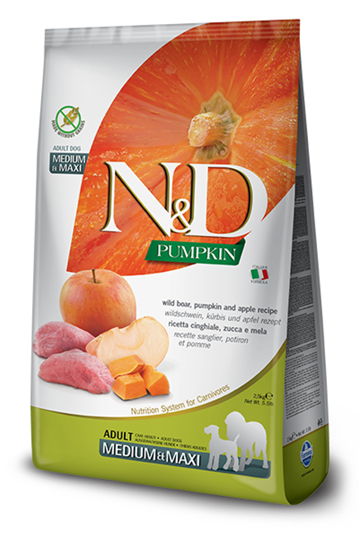N&D PUMPKIN BOAR&APPLE ADULT MED/MAX 2.5KG XIRA TROFI SKuLOu